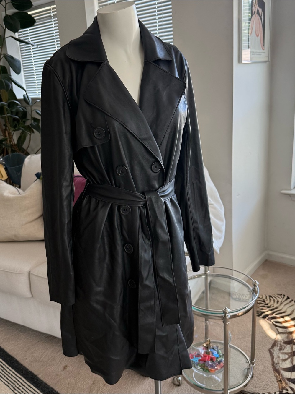 Blank NYC Black Leather Double-Breasted Trench Coat